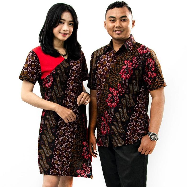 Batik Couple Selendang Merah Modern - Dress Batik Wanita - Hem Batik - Kemeja Batik Pria