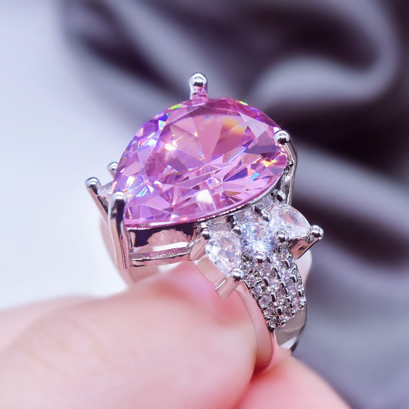 Cincin Bentuk Pir Hias Cubic Zirconia Warna Pink Model Minimalis Dapat Disesuaikan