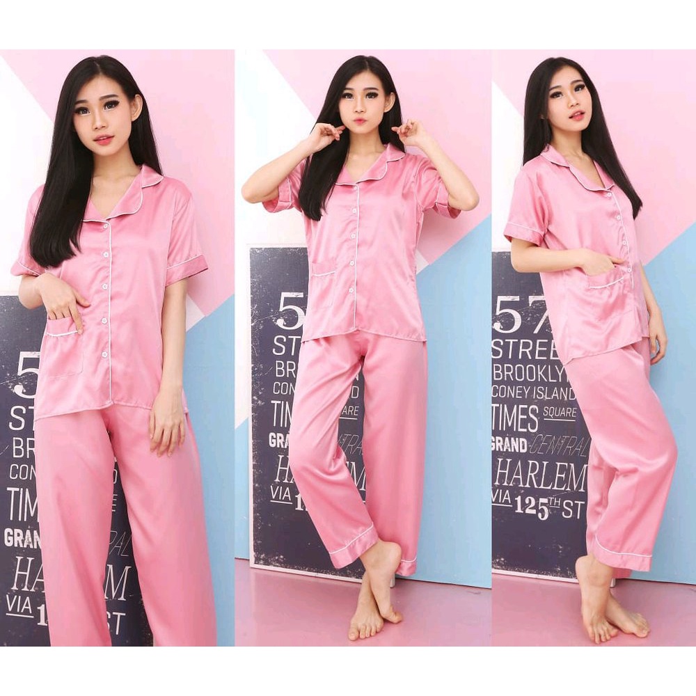 Baju Tidur Wanita Piyama Satin Velvet Polos Lengan Pendek Dewasa