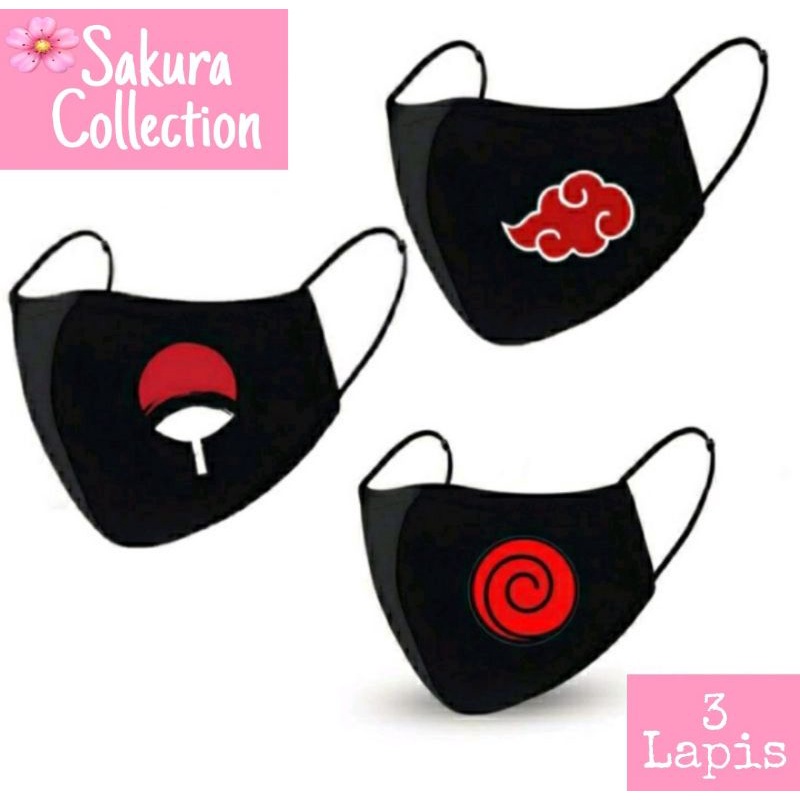 Masker AKATSUKI / UZUMAKI / UCHIHA kain 3 Lapis / Scuba earloop anak dewasa