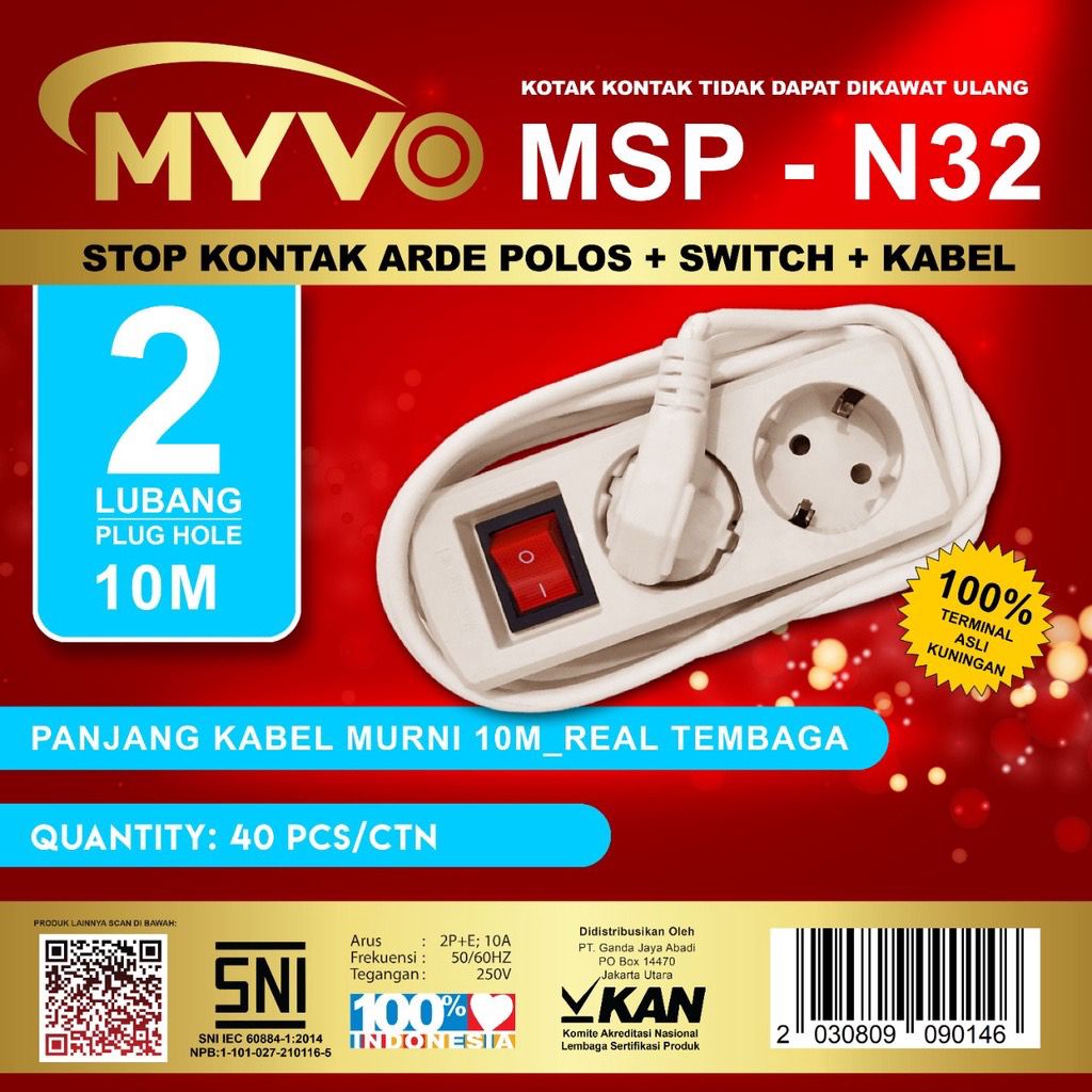 Stop Kontak Kabel 2 Lubang 10 Meter SNI Myvo N32 - 10M