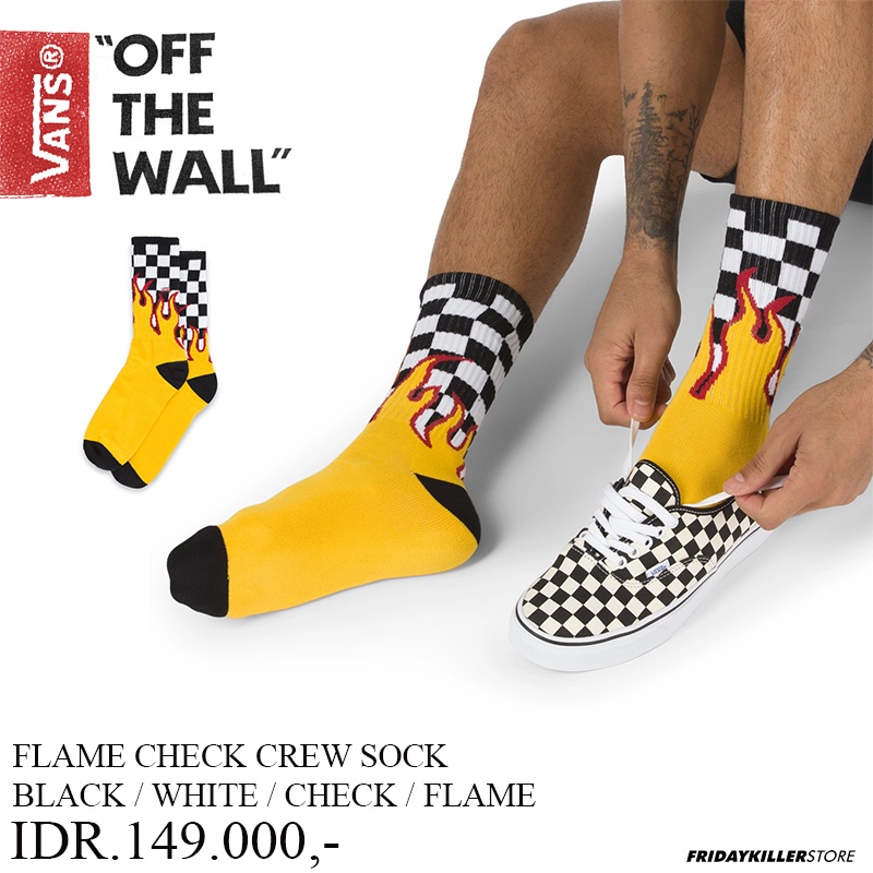 KAOS KAKI VANS OFF THE WALL | FLAME CHECK CREW SOCK BLACK / WHITE / CHECK / FLAME