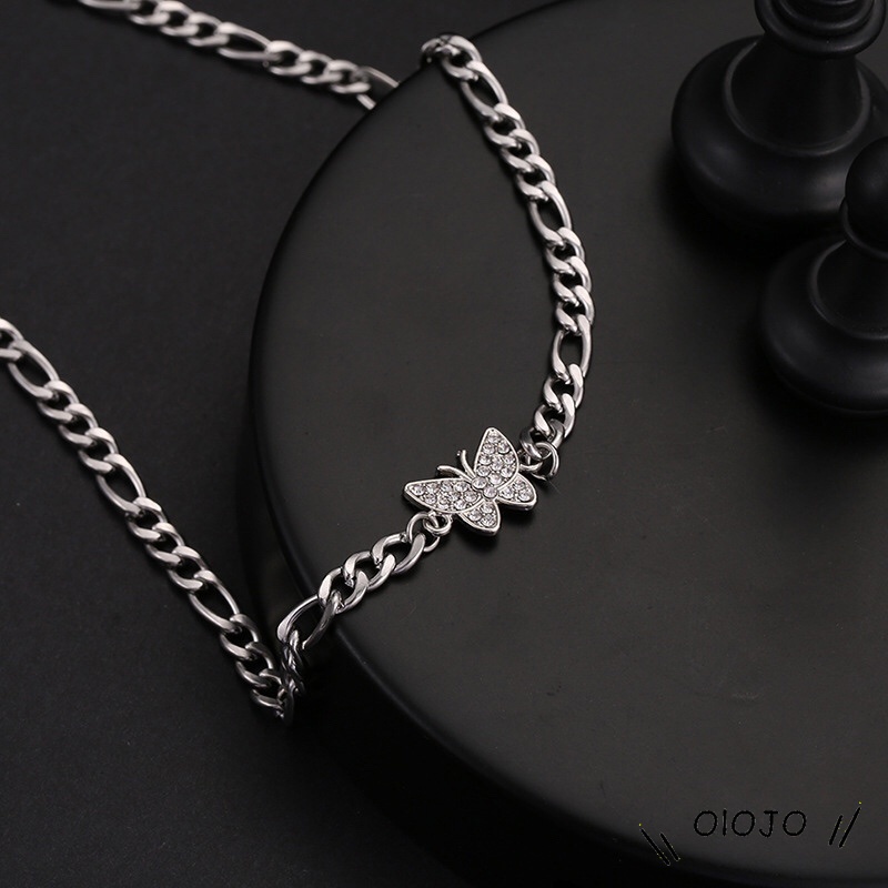 Kalung Choker Rantai Silver Tebal Desain Kupu-Kupu Hias Berlian Gaya Retro Korea Untuk Wanita - ol