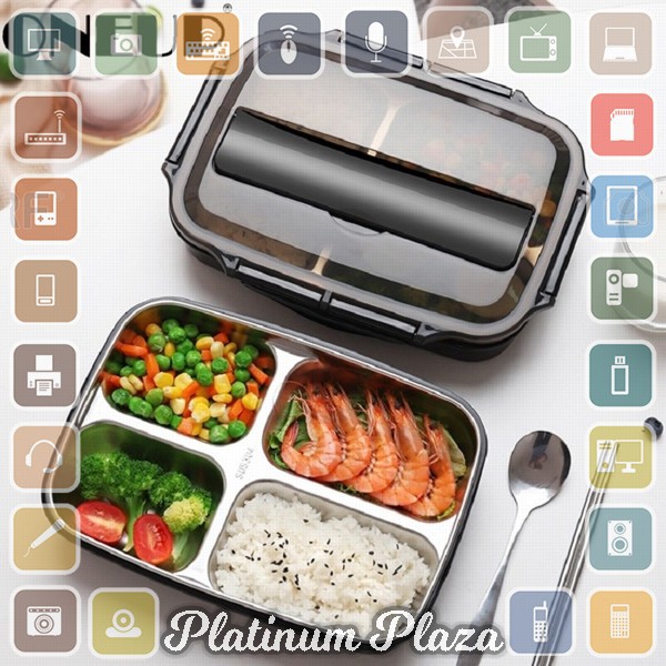 ONEUP Kotak Makan Stainless Steel Healthy Bento Lunch Box 1000ml 3 Grid with Spoon &amp; `2R2VNY-- Black