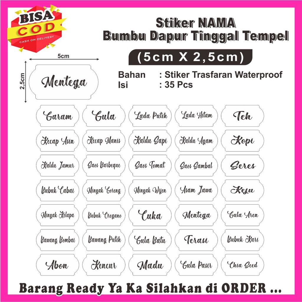 

[COD] Stiker Label Transparan Nama-Nama Bumbu Dapur WATERPROOF isi 35Pcs Ready