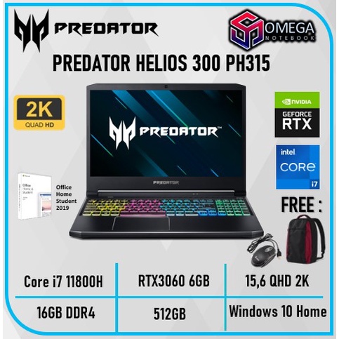 ACER PREDATOR HELIOS 300 PH315 54 I7 11800H 16GB 512SSD RTX3060 6GB W10+OHS 15.6QHD 165HZ IPS