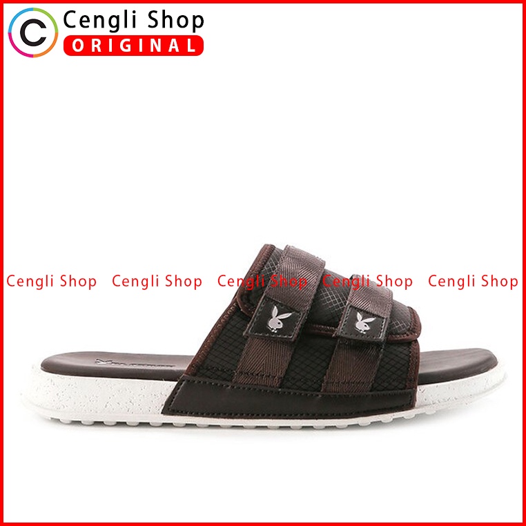 SANDAL SLIDE PLAYBOY PRIA ORIGINAL CASUAL BRANDED ASLI COKLAT PL10