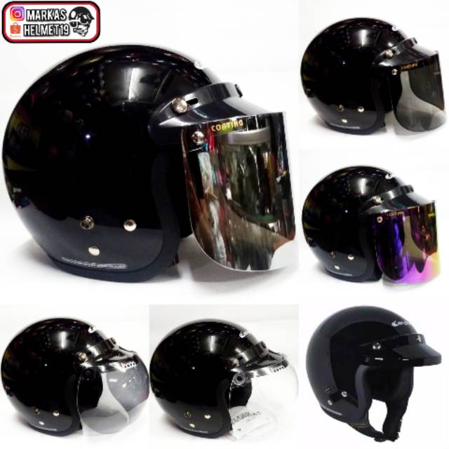 Helm Cargloss Hitam Glossy Kaca Visor Flat Datar Cembung