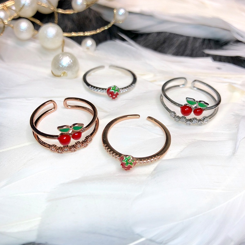 Cincin Model Terbuka Dapat Disesuaikan Desain Strawberry Cherry Gaya Jepang Dan Korea Untuk Perempuan