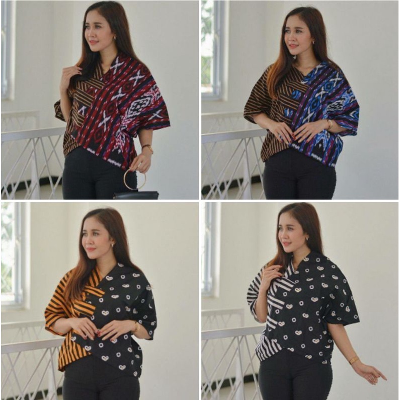 Blus Cropping Lurik Kombinasi Motif Tenun Baju Batik Kantoran Wanita Casual Formal Katun