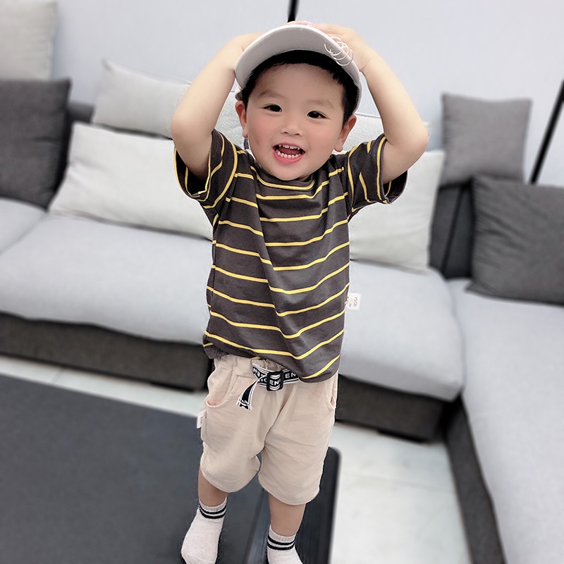 Setelan Baju Anak Lengan Pendek/ Setelan Kaos Anak Laki Laki / Pakaian Anak Motif Garis Import KMJ SALUR COKELAT