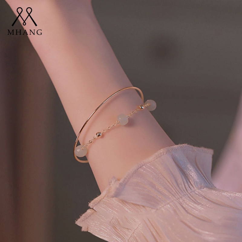 Gelang Manik-Manik Giok Hetian Hijau Opal Model Lapis Ganda Gaya Vintage Korea Untuk Wanita