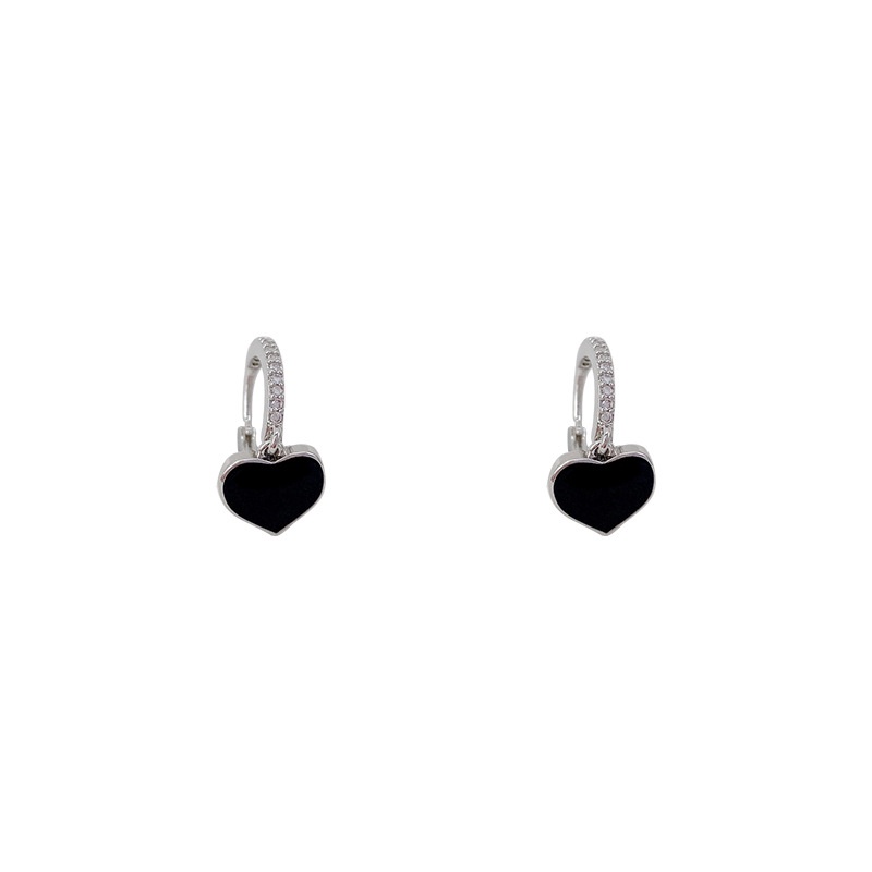 Anting Tusuk Gantung Bahan Sterling silver 925 Desain Hati Hitam Gaya Mewah Untuk Wanita