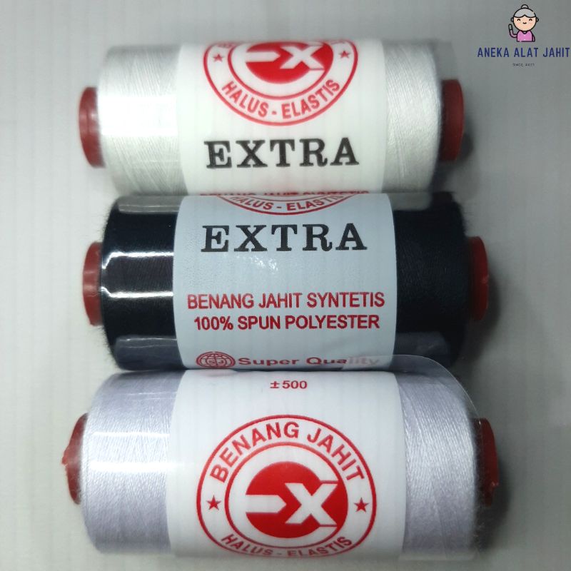 Benang Jahit Extra Satuan jual hitam, putih, dan natural