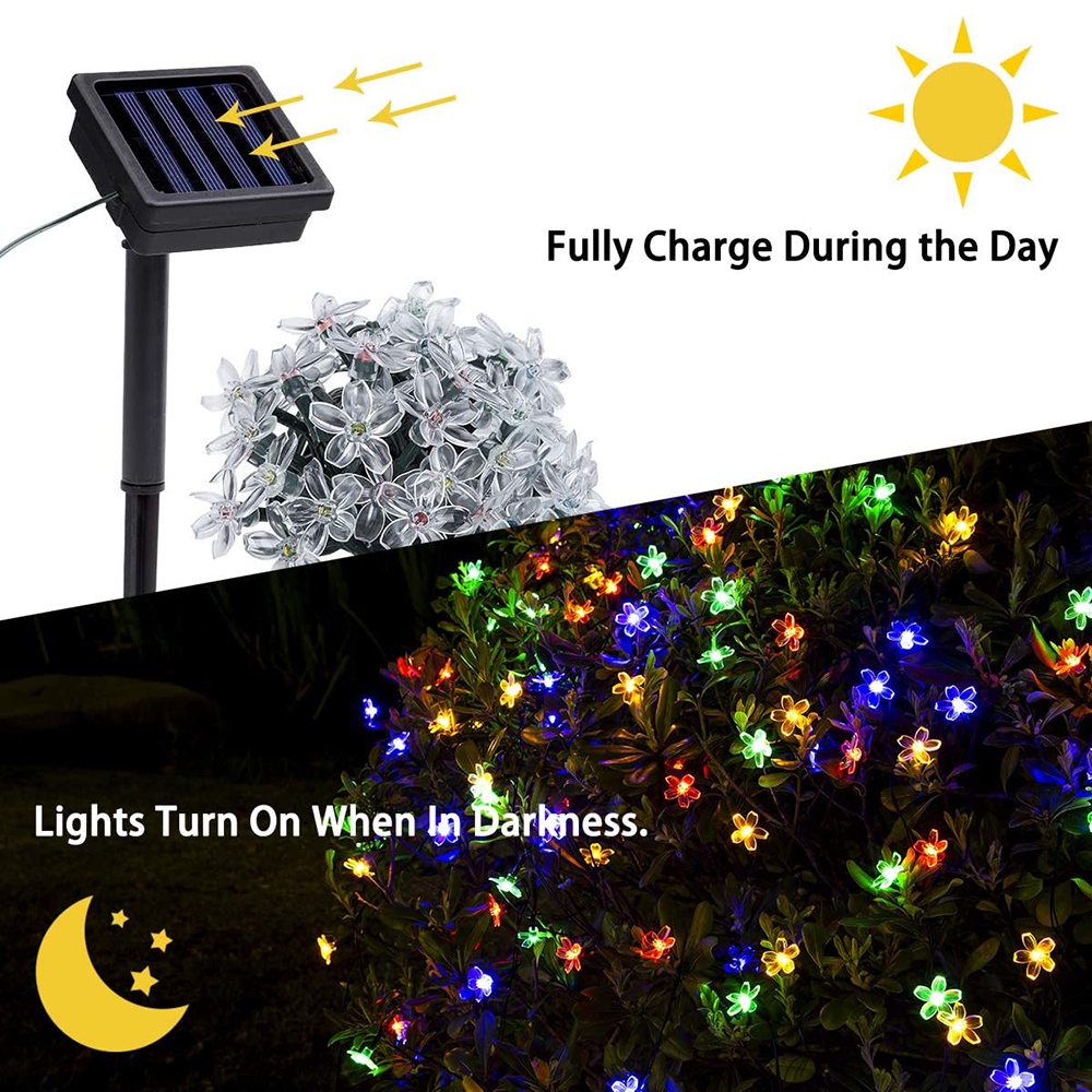 Lampu LED Tumblr Hias Taman Bunga Kristal Warna Warni Tenaga Surya Dekorasi 50 LED 7 Meter Anti Air with Solar Panel waterproof Solar Flower Lawn Lamps IP44 Cherry Blossoms String Lights Outdoor Fairy Light for Patio Garden Fence Christmas Holiday Decor