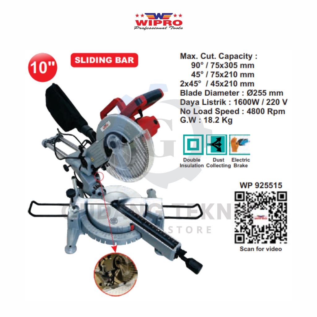 Mesin Gergaji Sudut 10&quot; WIPRO WP-925515 / Mesin Miter Saw Gergaji Sudut 10inch WIPRO W 925515 - Mitre Saw Machine 1600W WIPRO WP925515