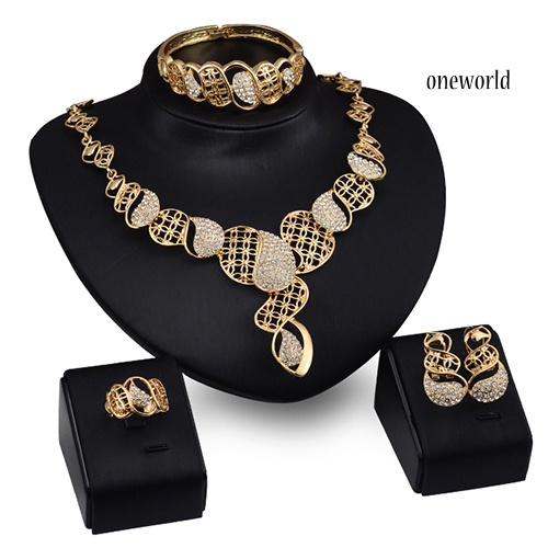 OW@ Wedding Gift Crystal Choker Necklace Earring Bangle Bracelet Ring Jewelry Set