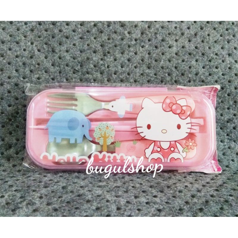 Hello Kitty Cutlery Set / Alat Makan Anak Perempuan Stainless + Plastik (sendok, garpu, sumpit)