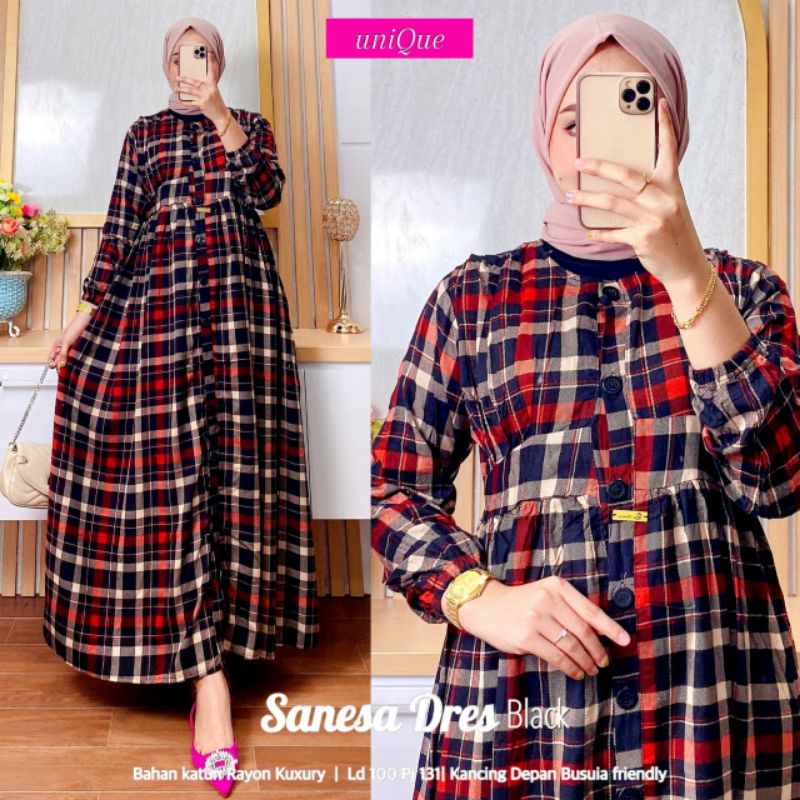 Gamis kotak sanesa dress katun rayon kukury LD 100