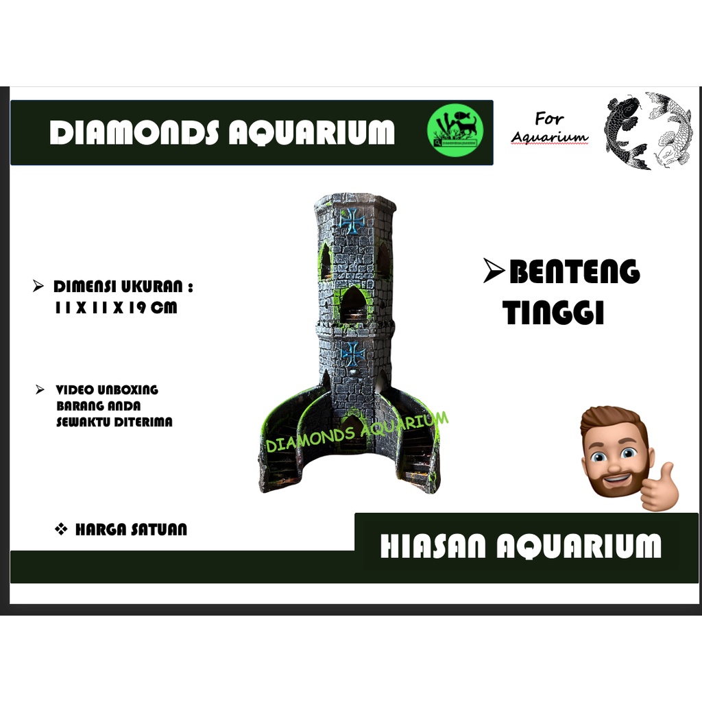 MAINAN HIASAN AQUARIUM ORNAMEN FIBER BENTENG TINGGI