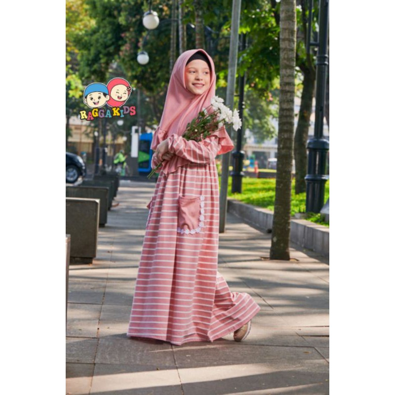 Gamis Anak Perempuan Muslim Rangga Kids RG-29 Motif garis.