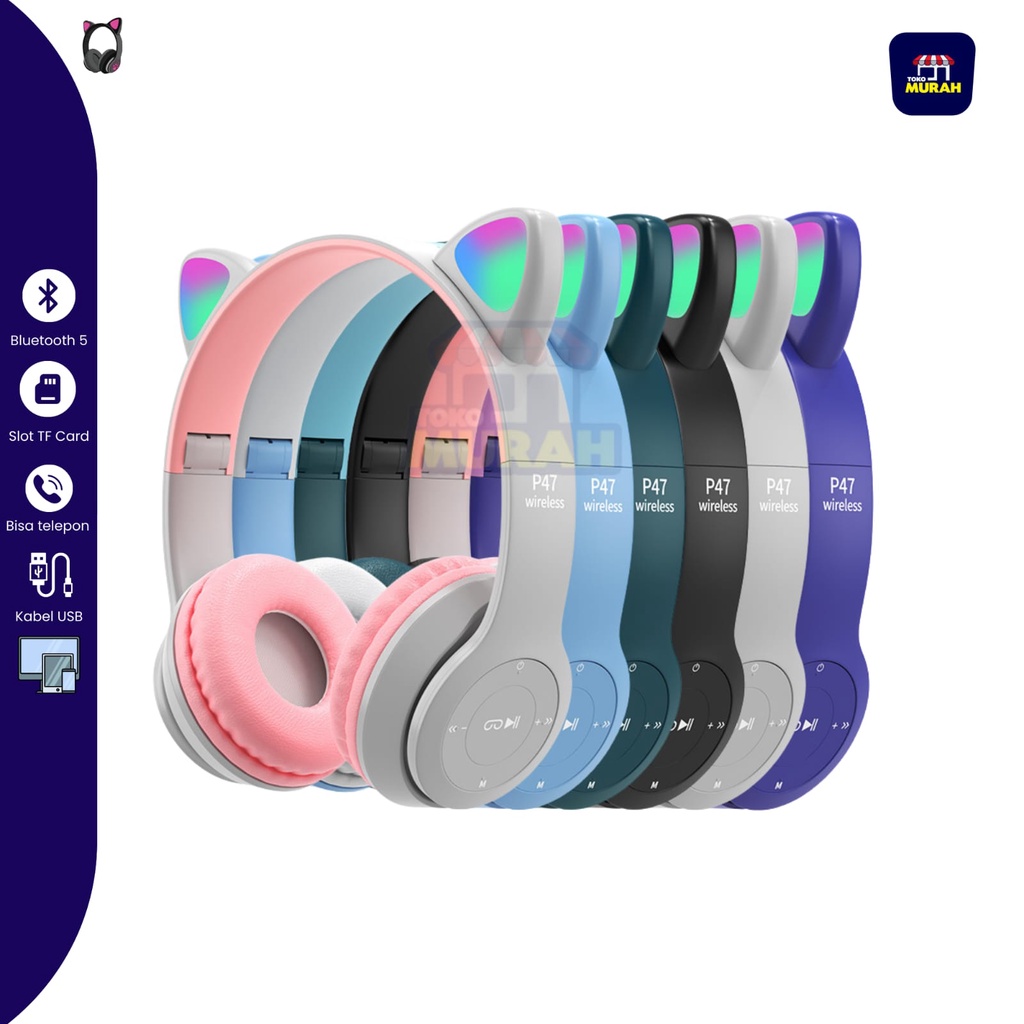 Headset kucing ColorFull  Super Bass Gaming Wireless Bluetooth Led Light Series