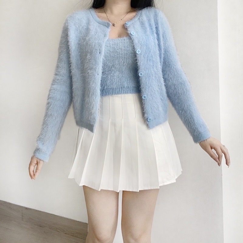 EMERIE SET | cardigan bulu halus Lengan Panjang Kardigan Korea Bulu Tanktop Set Wanita Cardigan Wool