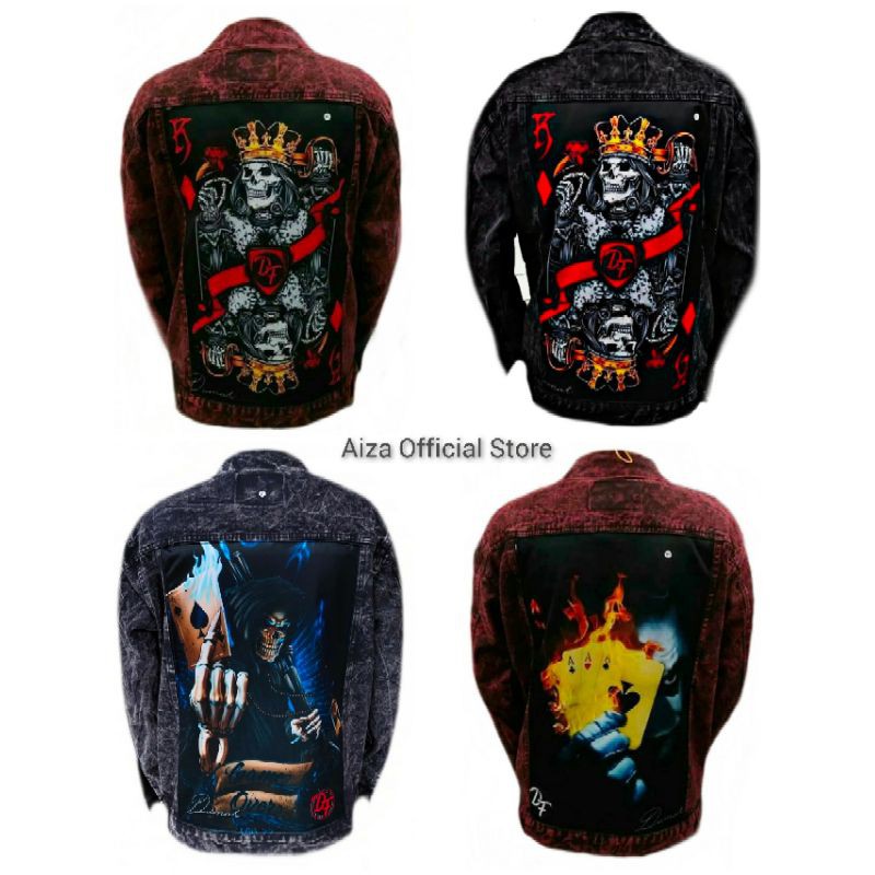 Ready Jaket Jeans Denim Printing Sandwash Washing, Jaket Cowok Gambar Tengkorak,