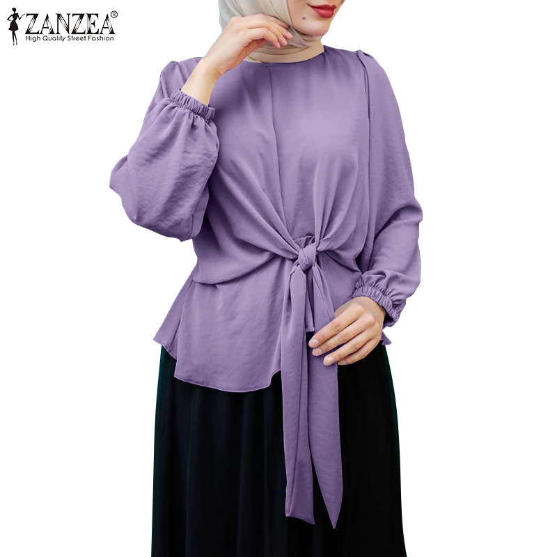 ZANZEA Women Fashion Full Sleeved Slim Waist Elastic Cuffs Belted Muslim Blouse