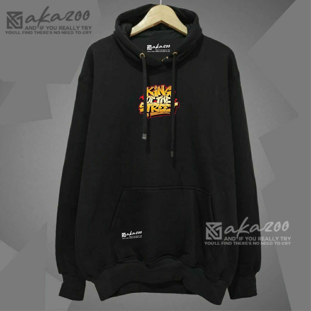 akazoo hoodie pria graffity keren 2022 Warna hitam merek akazoo KING OF THE STREET sablon putih Motif polos dan prins dan huruf gaya atletis korean street style Bahan katun jenis Lengan lengan Panjang Musim Dingin hodi cowok distro tulisan keren unisex