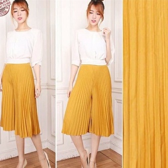 Celana kulot pendek plisket 7/8 terbaru/celana kulot plisket pendek-mustard