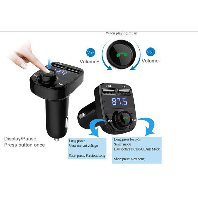 A_    X8 Car MP3 Music Player Transmitter Modulator FM Bluetooth Charger Mobil 3A 2 USB Charging + Slot Memory