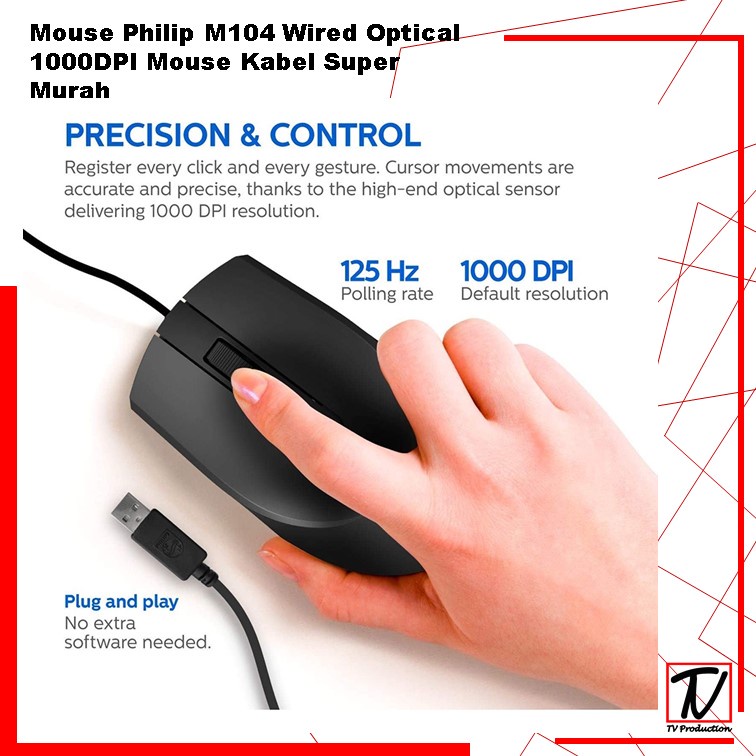 Mouse Philip M104 Wired Optical 1000DPI Mouse Kabel Super Murah