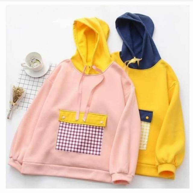 Sweater Hoddie Plaid Pocket Wanita Murah Korean Style