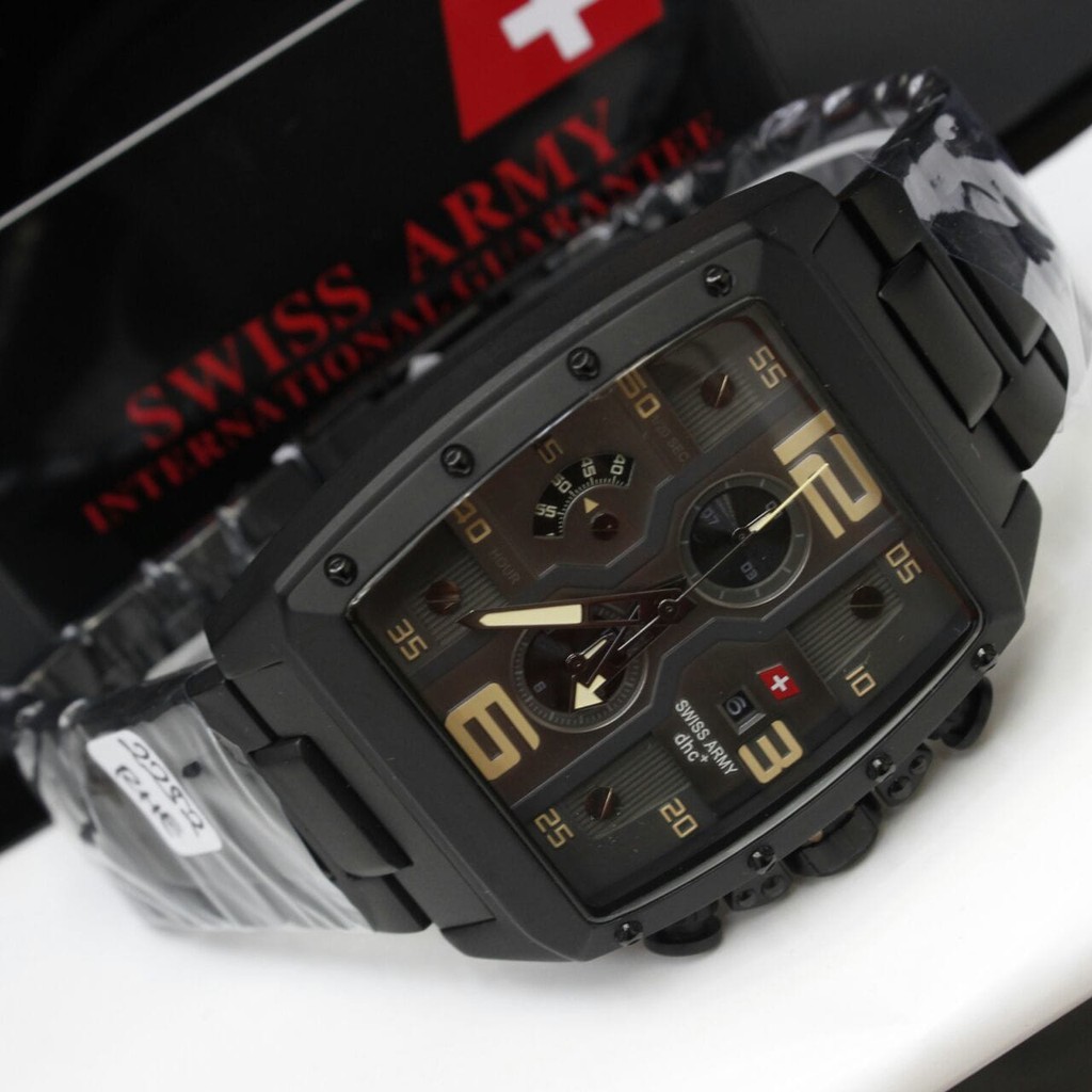 JAM TANGAN PRIA SWISS ARMY RANTAI 2252 ORIGINAL BLACK ANGKA YELLOW