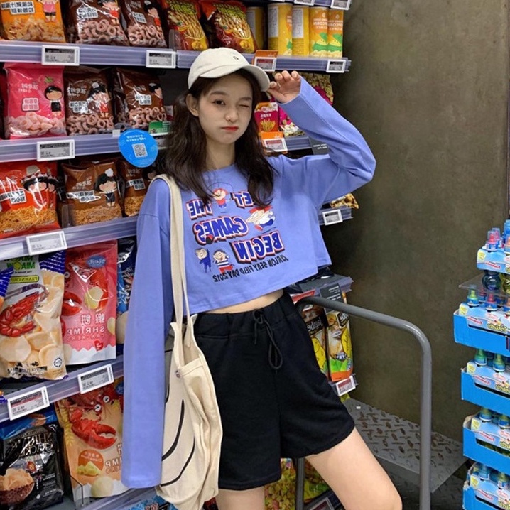 [littlecrab] Kaos Crop Games Unik Atasan Wanita Trend Kekinian Let The Games Begin Croptop Oversize Lilac Putih Lucu Sweater Crop Korean Style