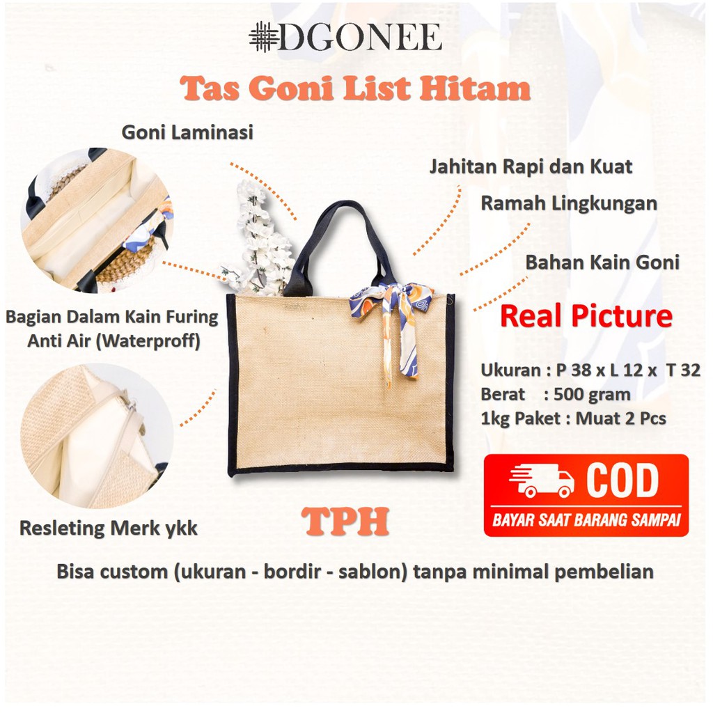 Dgonee TPH List Hitam Tas Tote Bag Totebag Kain Goni Belanja Kerja Kuliah Wanita Custom