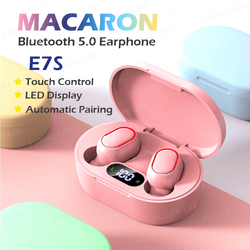 Earbuds Bluetooth Tampilan LED Macaron Airdots TWS E7S Earphone Bluetooth HiFi Stereo Smart Touch Wireless Earphone dengan Mic Headset Bluetooth Android