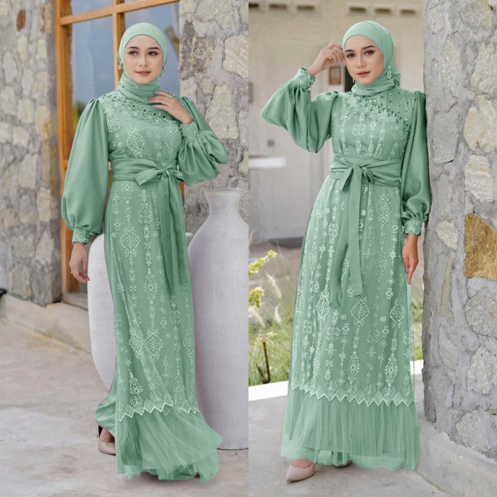 Dres Dress Kondangan Korea Wanita Remaja Fashion Muslim Shamara Maxy Bahan Brukat Premium Import Non