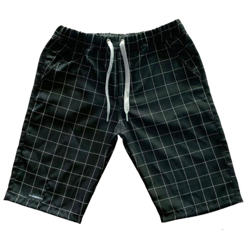celana pendek pria tartan kotak hitam pinggang karet
