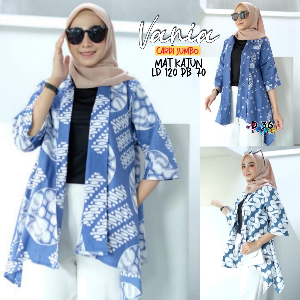 Vania Cardi Jumbo Monoblue Indigo Lengan Pendek Luaran Outer Batik Wanita Casual Formal Kantoran Etn