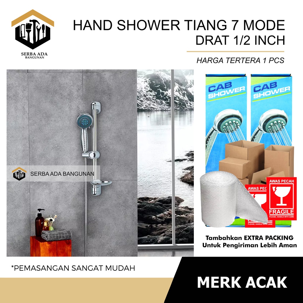 HAND SHOWER + TIANG SET + TEMPAT SABUN PVC MIX STAINLESS CHROME  KAULITAS BAGUS MURAH EKONOMIS