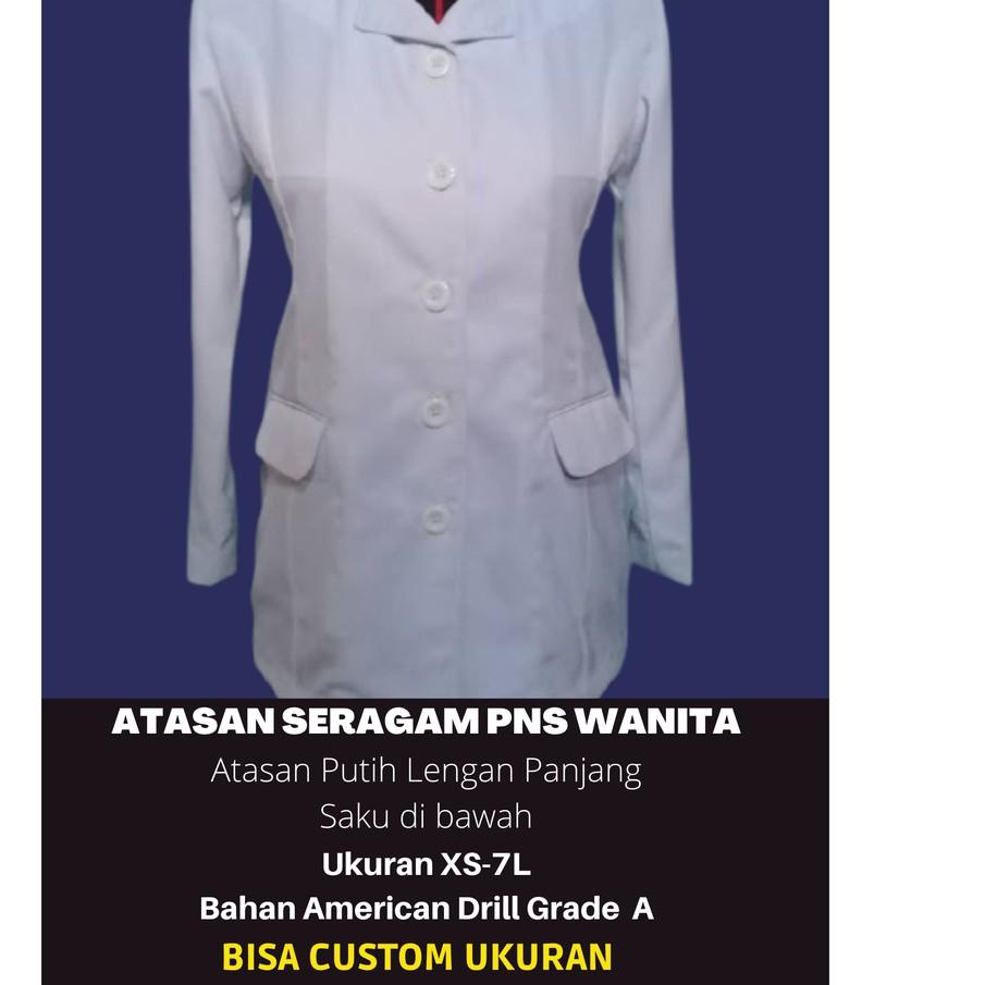 ㊞ Atasan Seragam PNS Wanita PDH Pemda Putih Lengan Panjang Ukuran XS-7L Saku di Bawah ⇕