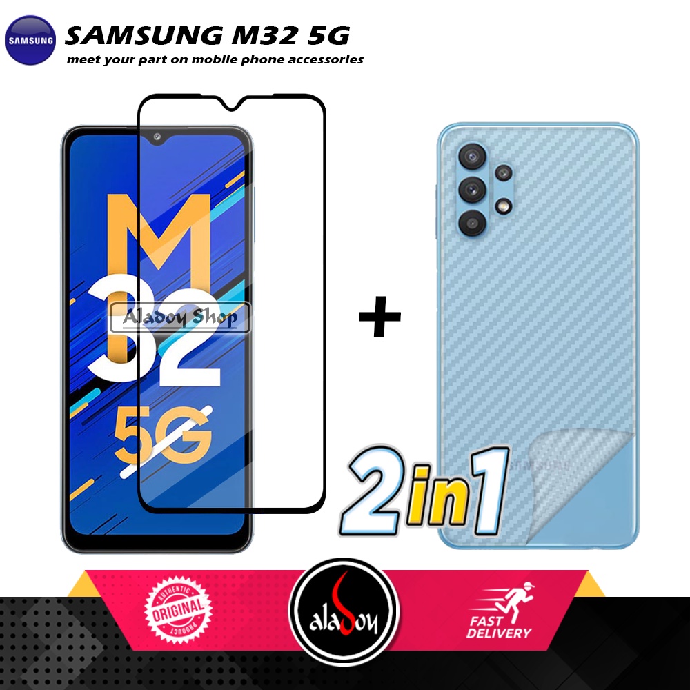 PAKET 2 IN 1 Tempered Glass Layar Samsung M32 5G 2022 + Skin Carbon Film 3D