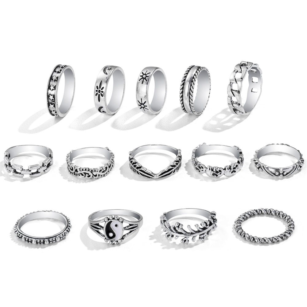 14pcs / Set Cincin Tai Chi Gaya Vintage Warna Silver Untuk Wanita