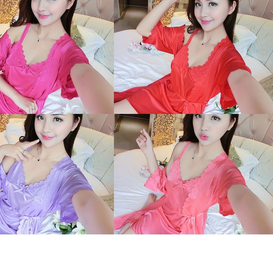 ✧ BAJU TIDUR DRESS TERMASUK CARDIGAN IMPORT BAHAN SATIN 033 ➾