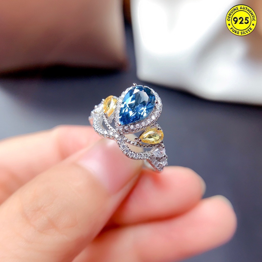 Cincin Open Ring Desain Mahkota Hias Batu Topaz Biru Natural Untuk Wanita