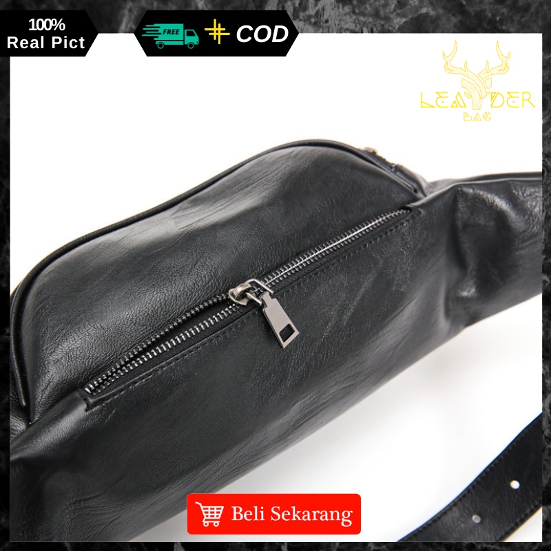 Tas Selempang Kulit Pria Distro Terbaru 2021 Warna Hitam Original Waistbag Kulit Cowok Ori Keren Anti Air Tas Pinggang Kecil Kulit Pria Impor Murah REDLINE