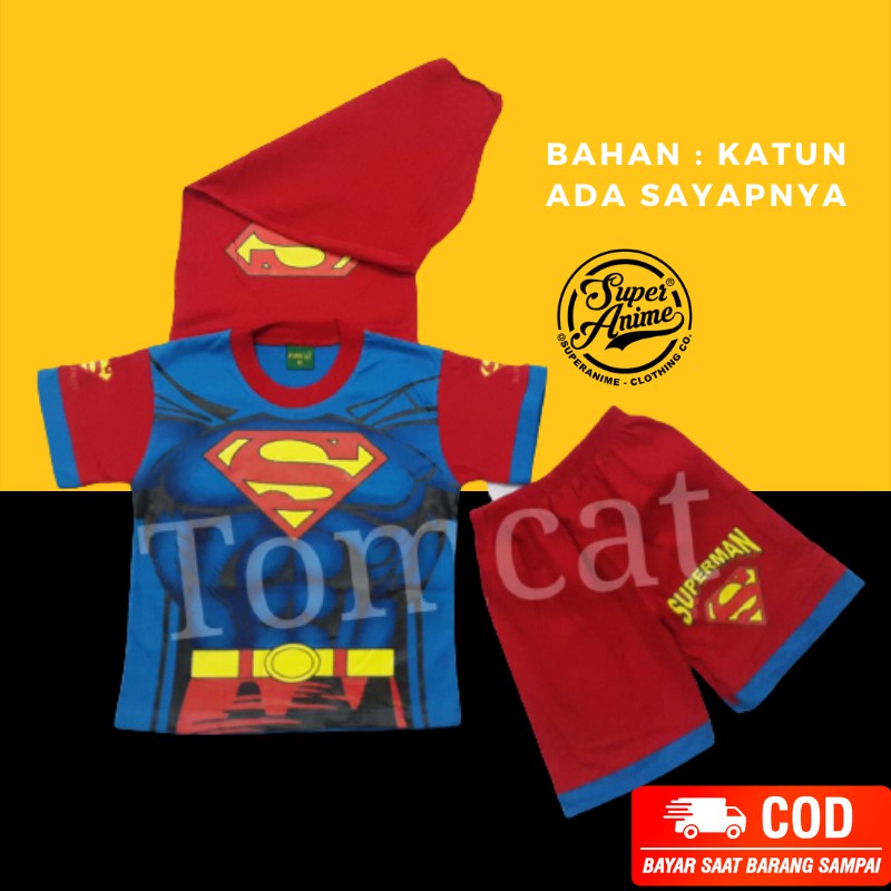 Setelan Superman Otot Sayap Baju Anak Cowok Lakilaki Karakter Superhero Stelan Celana Pendek