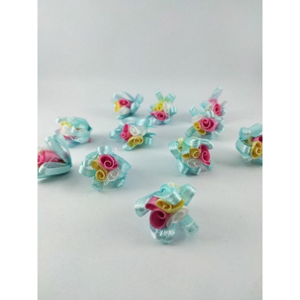 Bunga Aplikasi Pita Biru Muda Bahan Menjahit Kerajinan Tangan DIY